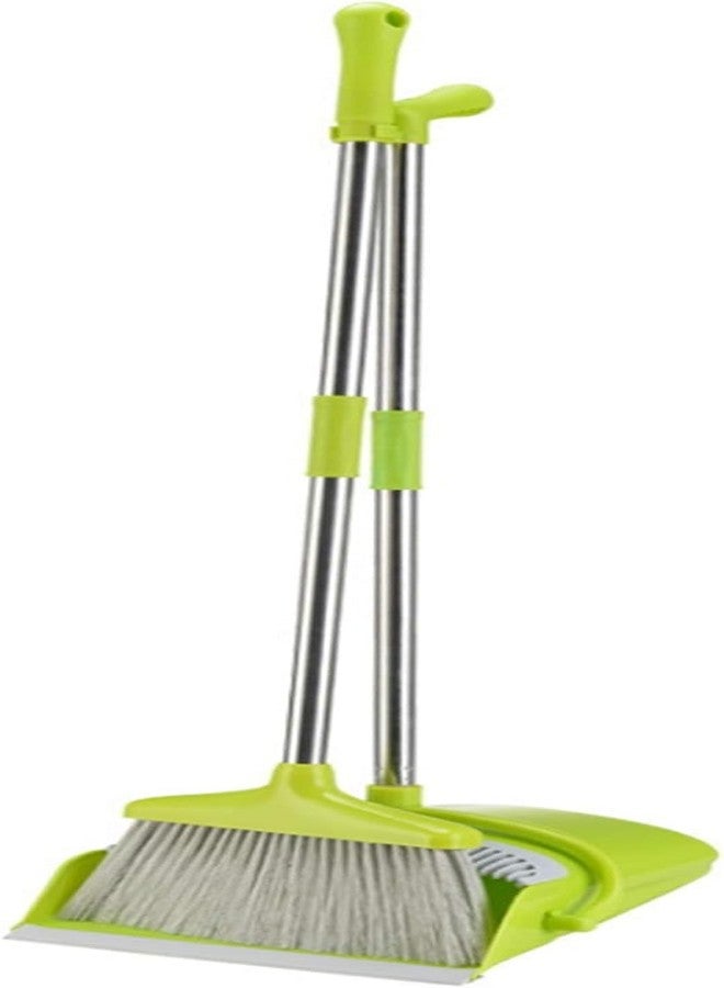 GNEY Extendable Long Handle Broom and Dustpan Set, Stainless Lightweight Upright Standing Broom and Dustpan Combo for Kitchen Lobby Office Living Room Household Indoor or Outside (Green) - Image 1